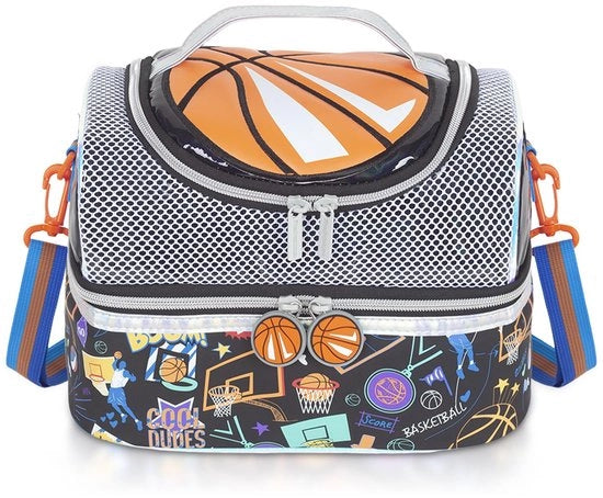 Borsa di picnic per bambini con due compartimenti e contenitore rimovibile e regolabile, scatola di picnic per bambini, borsa di picnic per bambini con design basketbal.