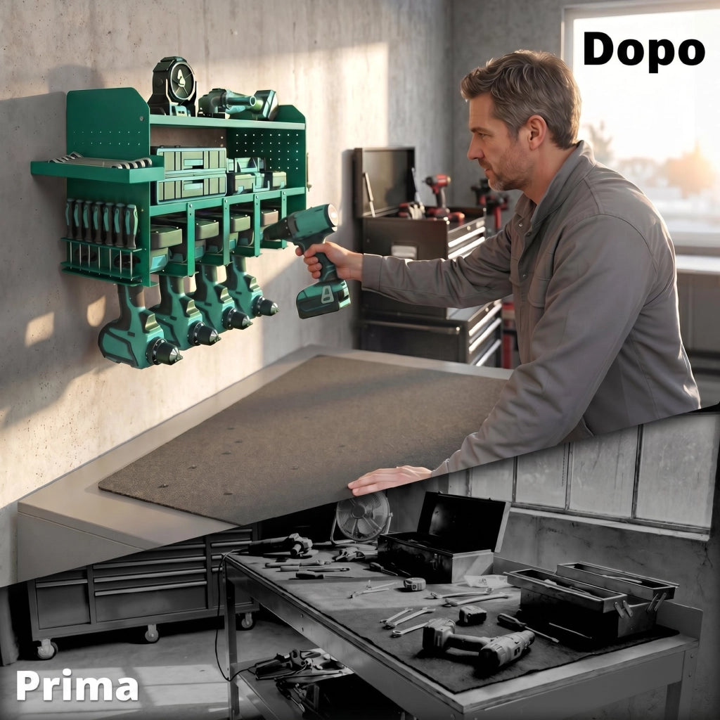 Porta Attrezzi da Parete 61,8x23x32,7 cm con Supporto per 5 Trapani Elettrici e Vassoio Laterale in Metallo Verde