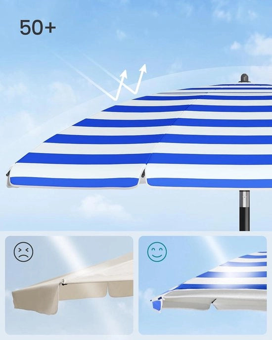 Parasole da spiaggia 160 cm con ombrello laterale UPF 50+ su entrambi i lati pieghevole a 30° regolabile in altezza con sacchetto di stoccaggio e gancio per esterno blu-bianco GPU0080Q02