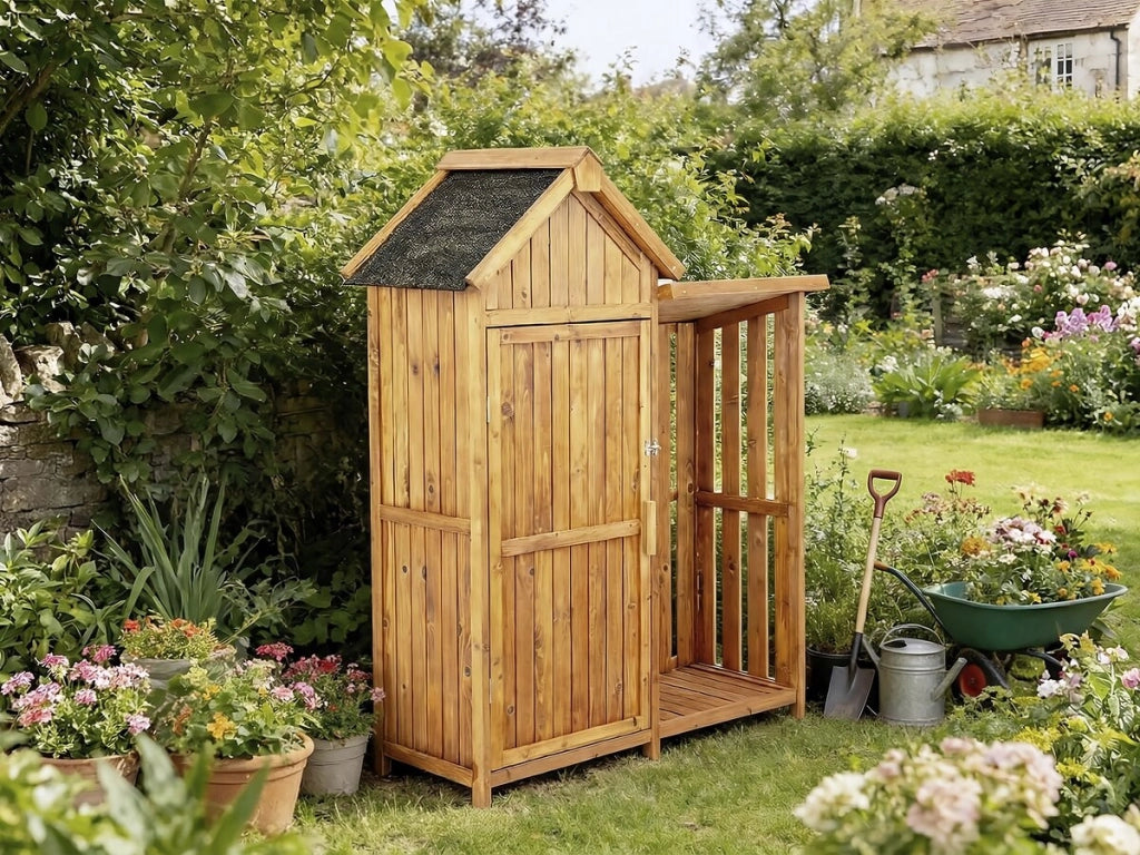 Mobiletto da giardino in legno "Noé" con deposito per tronchi - 136 x 57 x 170 cm - Marrone
