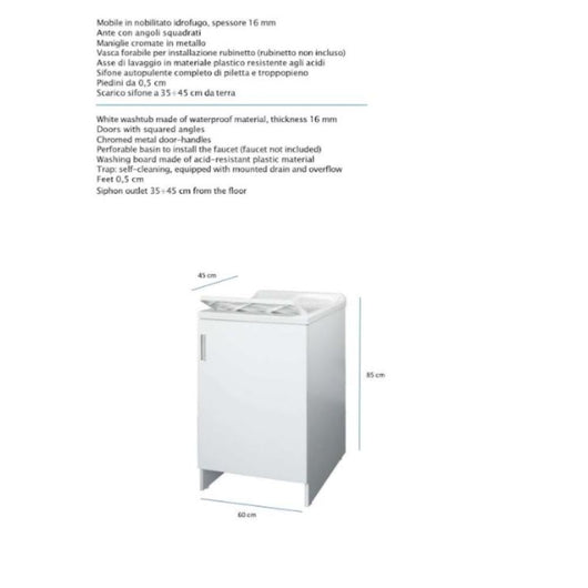 Mobile lavanderia bianco lavabo resina 45x50x85 asse lavaggio cm anta singola
