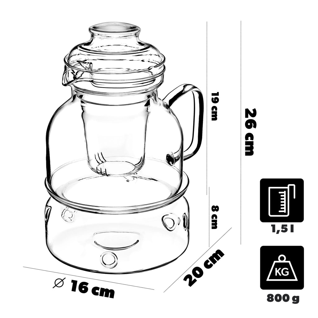 Brocca in vetro resistente al calore KADAX con infusore e riscaldatore per tè, 1,5 l