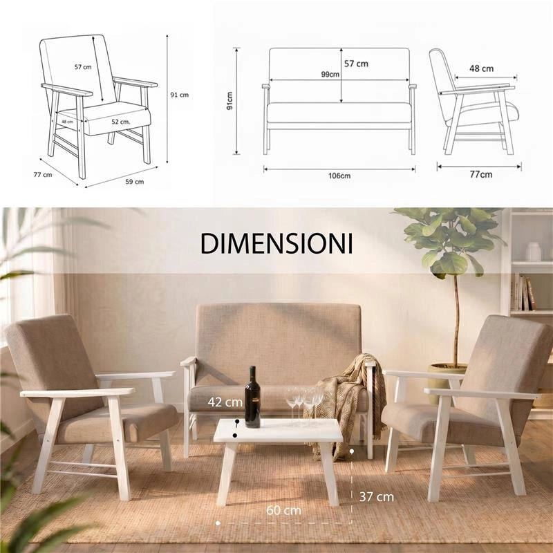 SET SALOTTO DA GIARDINO CON DIVANO, 2 POLTRONE + TAVOLINO IN LEGNO BIANCO E TESSUTO COLORE BEIGE