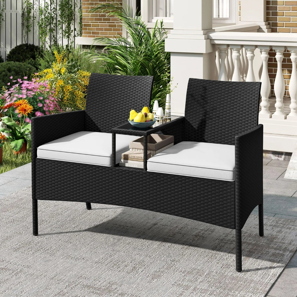 Divano da esterno con tavolino integrato, Mobile in rattan per 2 persone con cuscini e piano in vetro temperato Bianco-Set mobili da esterno