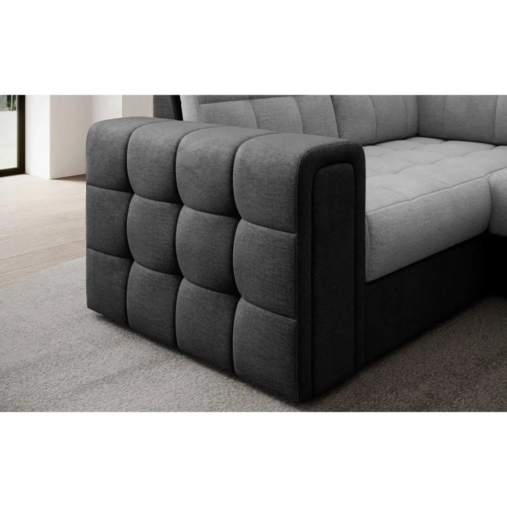 Divano angolare trasformabile MONTEZA nero e grigio 299 cm con vano contenitore e letto