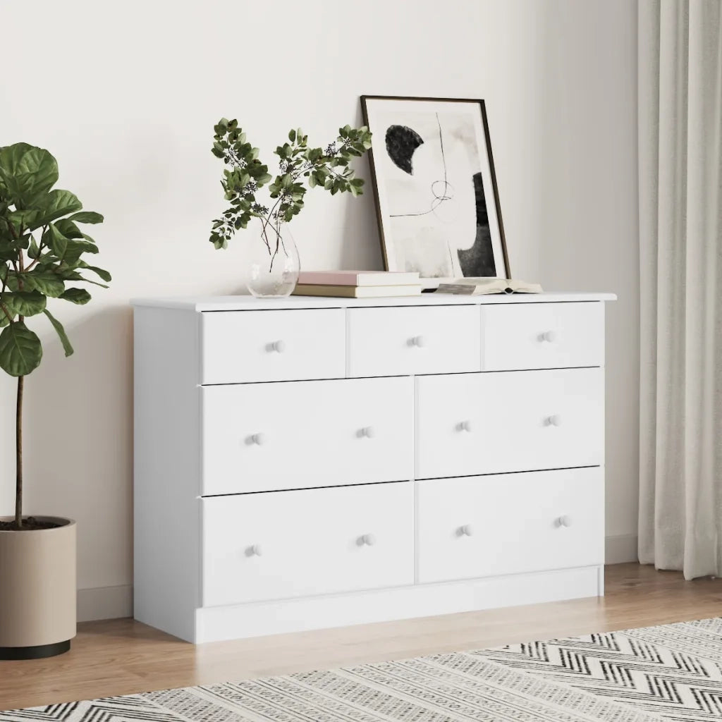 Cassettiera ALTA Bianca 112x35x73 cm in Legno Massello di Pino 353920