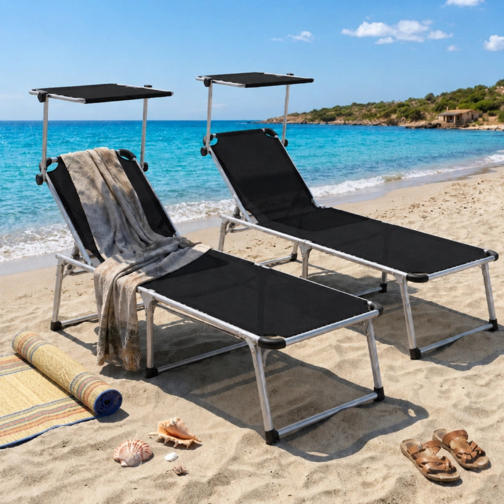 Coppia Di Lettini Pieghevole Prendisole Con Tettuccio Parasole Schienale Reclinabile Regolabile 6 Posizioni Struttura In Alluminio Sedia Sdraio Mare Spiaggia Giardino Piscina Relax 187 x 59 x 29 Cm (Nero)