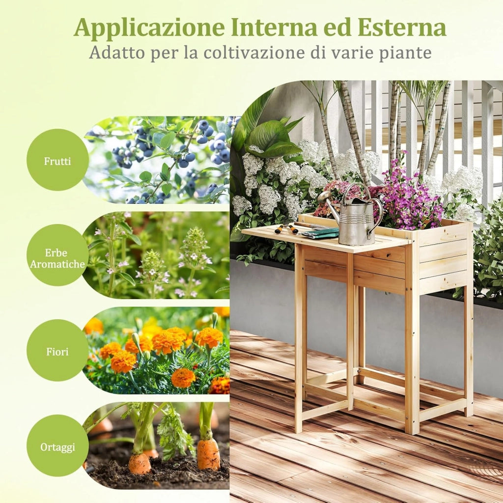 Letto da Giardino Rialzato, Orto Rialzato in Legno con Gampe, Tavolino Laterale Pieghevole e Drenaggio, Fioriera da Esterno per Fiori, Verdure e Frutta, 63 x 67 x 74 cm