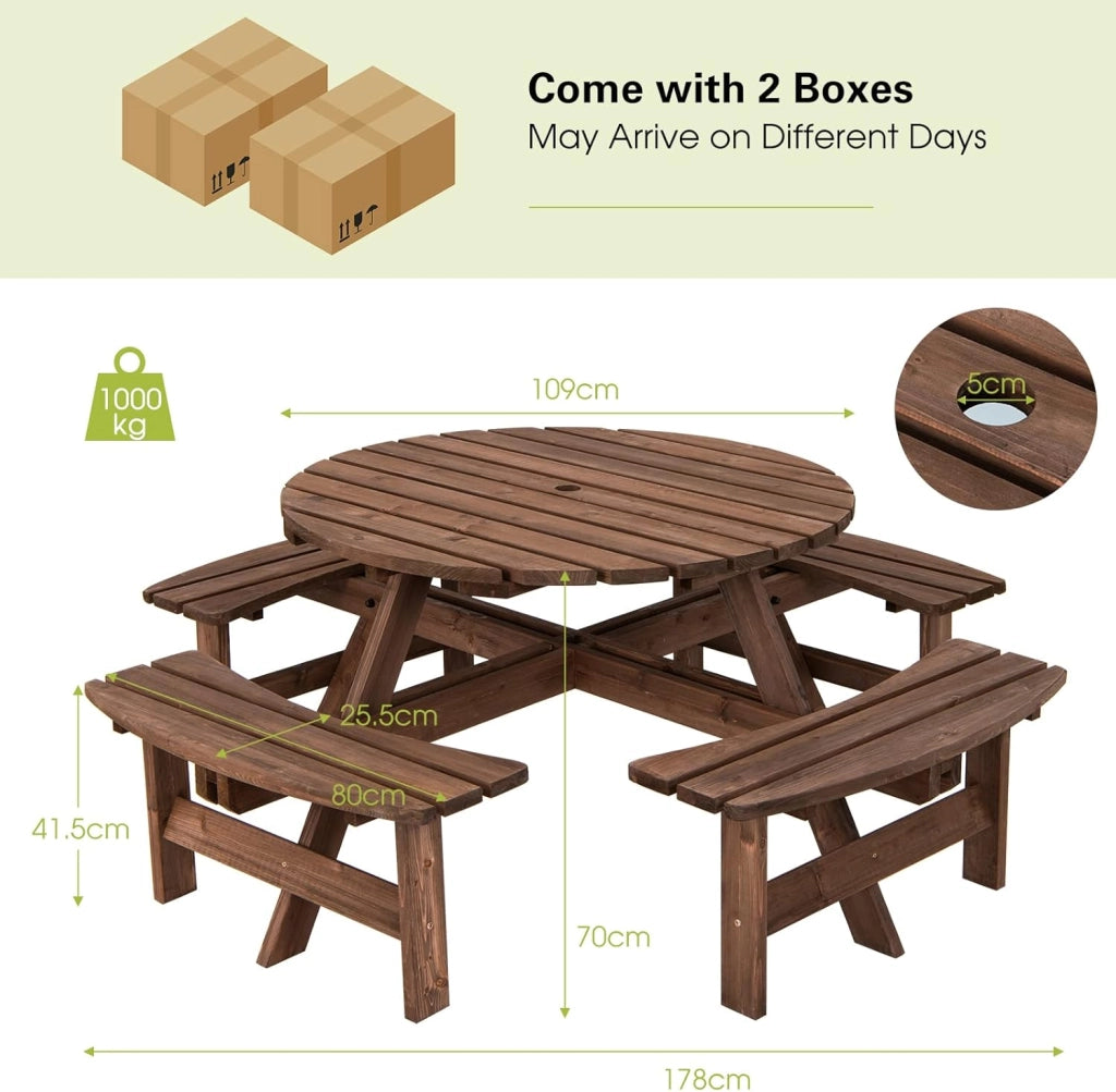 Set di Tavolo e Panche Da Esterno Rontondo in Legno, Set di Mobili da Giardino per 8 Persone con Foro per Ombrellone, Resistente alle Intemperie, 178x178x70 cm