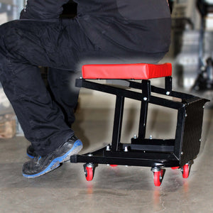 Sgabello da officina con ruote e scaletta, carrello e scaltte 2in1, portata 160 kg, sgabello da meccanico con portaoggetti e scalino