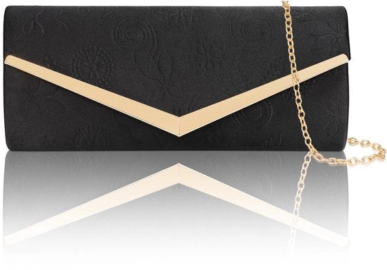 Clutch da Donna Nero, Borsa da Donna con Cinturino Rimovibile, Borsa in Suède Elegante per la Sera della Donna, Borsa a Cappio con Chiusura a Cerniera per la Sposa, Borsa per la Festa, 25×11×5cm