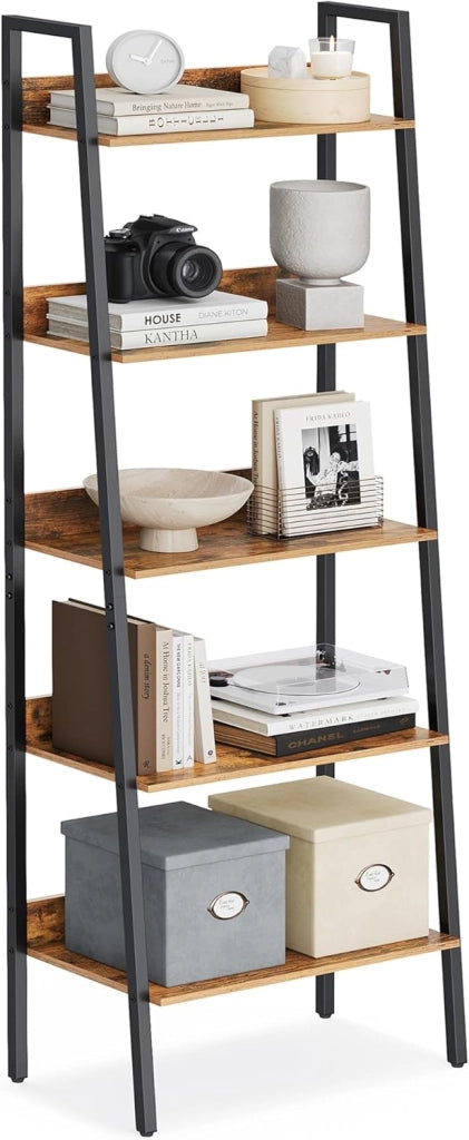 VASAGLE Scaffale a scala a 5 livelli, mobile portaoggetti su piedistalla, scrivania, soggiorno, camera da letto, cucina, stile industriale, marrone rustico e nero LLS109B01