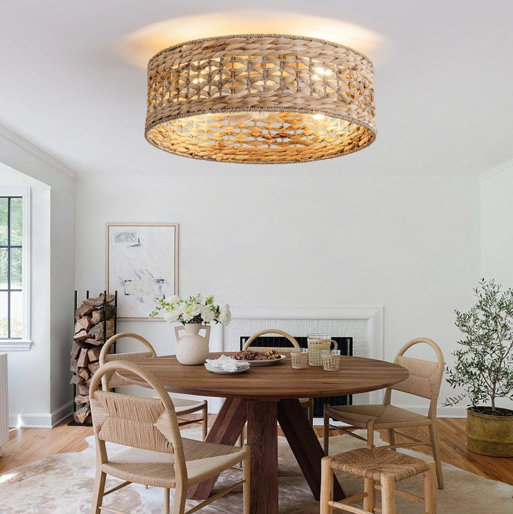 Ventilatore da soffitto con plafoniera in rattan intrecciato; controllo via app e telecomando; colore rame