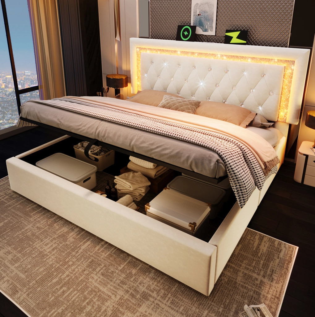 Letto matrimoniale 140x200 cm in velluto beige con LED, USB-C e materasso