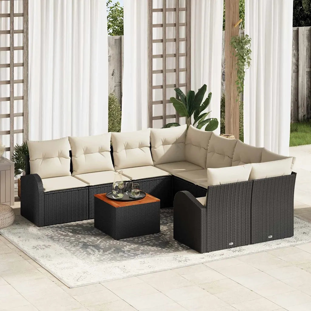 Set Divano da Giardino con cuscino 9 pcs Nero polyrattan