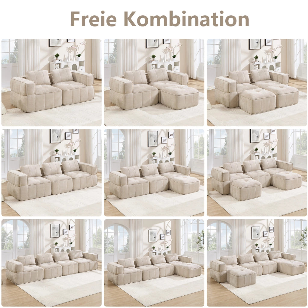 Divano modulare senza struttura con pouf in poliestere, ampia seduta e base antiscivolo per soggiorno beige