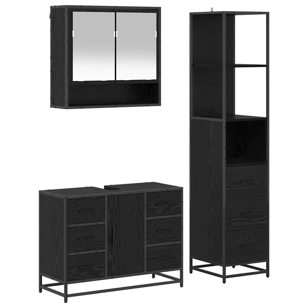 Set di mobili per il bagno 3 pcs Rovere Nero Legno multistrato