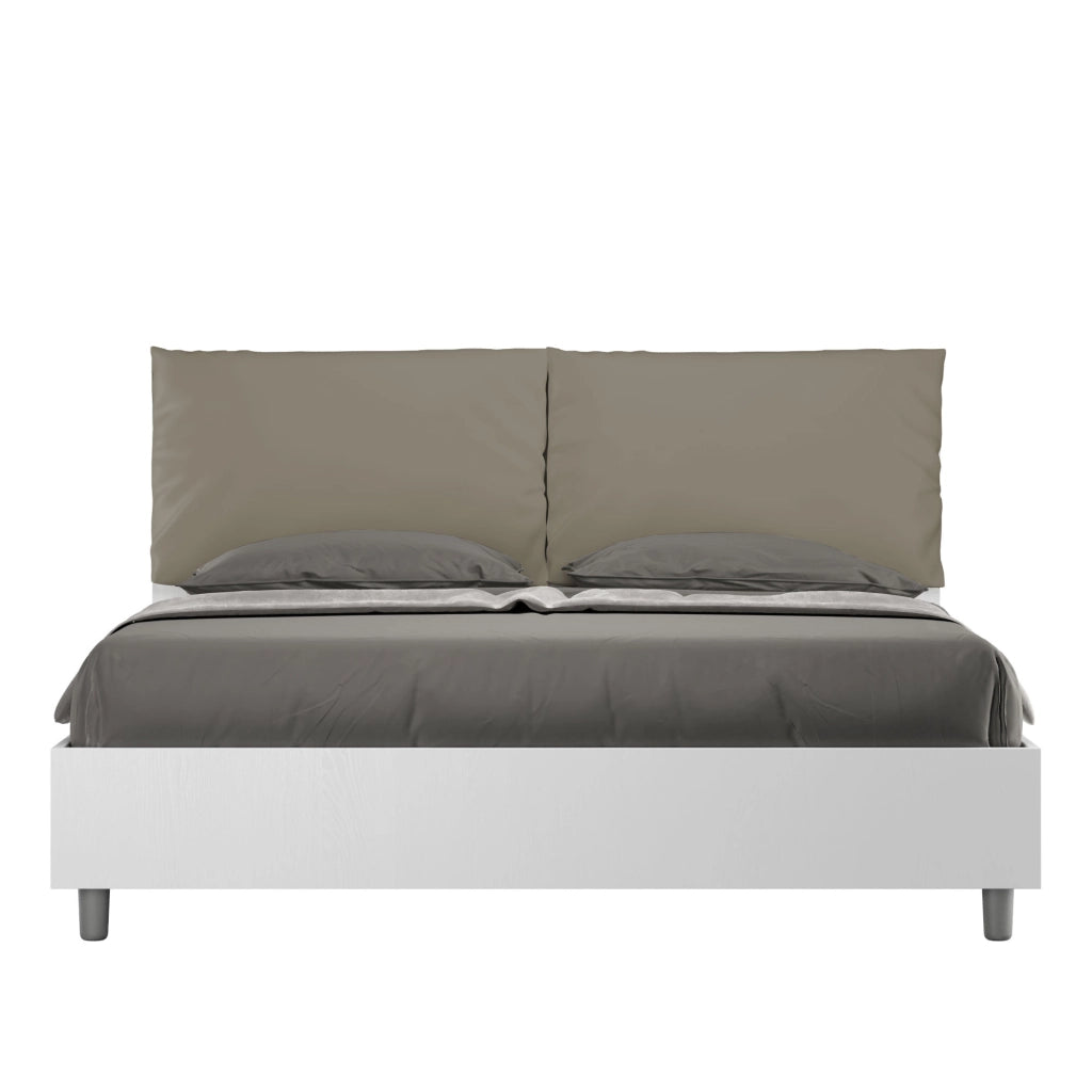 Letto Matrimoniale 160x200 cm con Rete Struttura Bianco Frassico con Cuscini in Similpelle Egos Antea Cappuccino