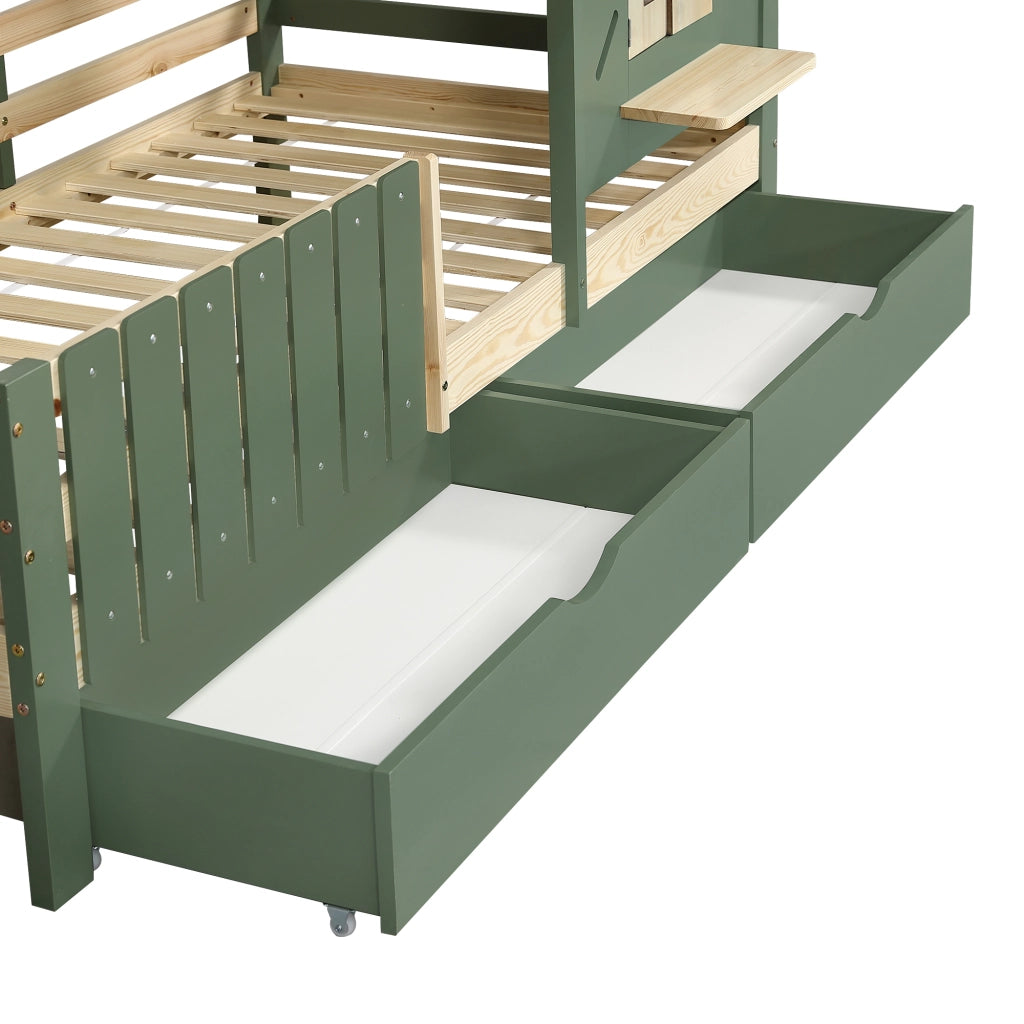 Letto a casetta per bambini 90x200 cm con tetto, finestra e 2 cassetti, verde e naturale