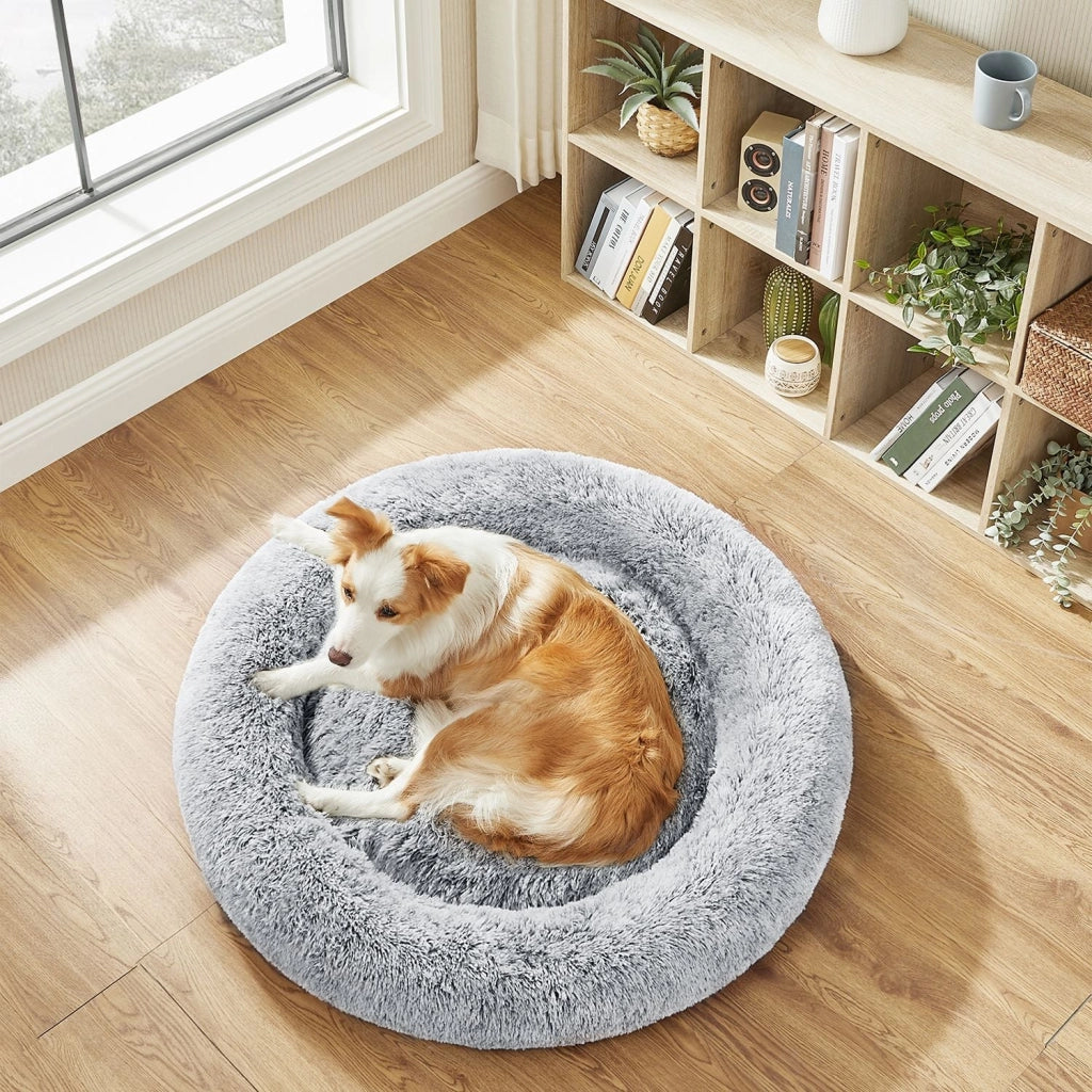 Cuccia rotonda per cani a forma di ciambella stile divano con cuscino centrale sfoderabile e lavabile morbido tessuto di peluche ø100 cm grigio chiaro 12_0006846