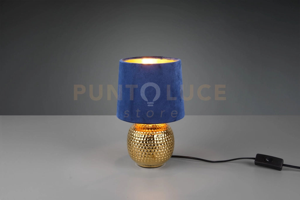 SOPHIA LAMPADA DA TAVOLO BASE CERAMICA ORO E PARALUME EFFETTO VELLUTO BLU H. 26CM 1 LUCE ATTACCO E 14