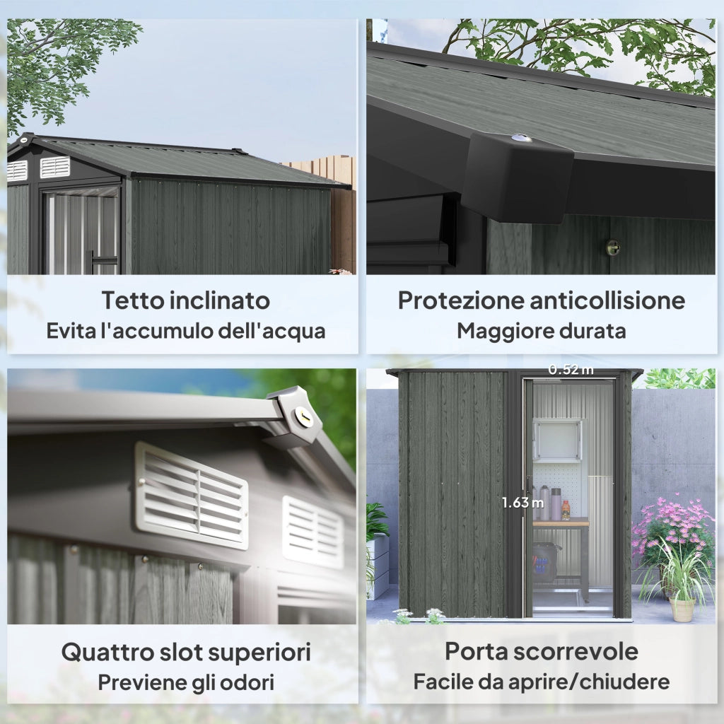 Casetta da Giardino Porta Attrezzi 152x132x188 cm con Tetto Inclinato e 4 Prese d'Aria in Acciaio Grigio