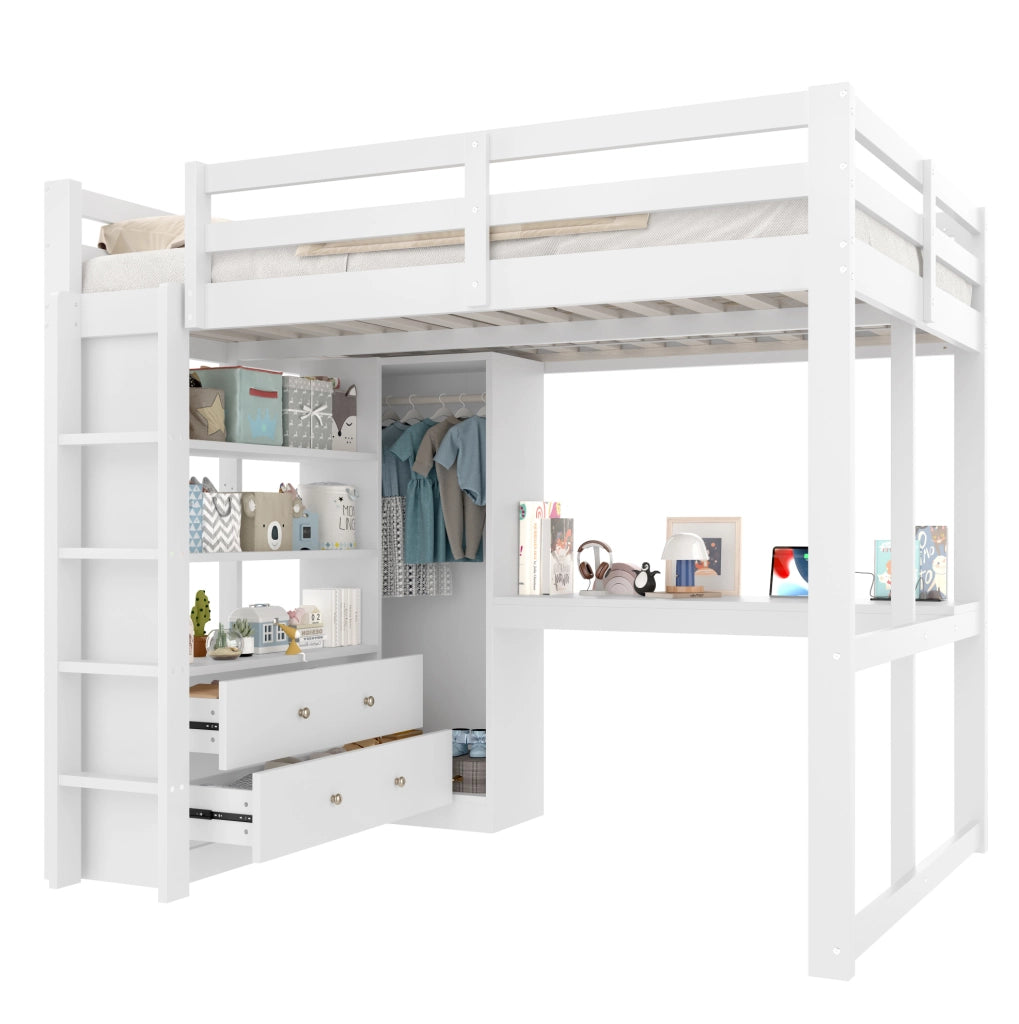 Letto a soppalco 140x200 bianco con scrivania, LED e armadio