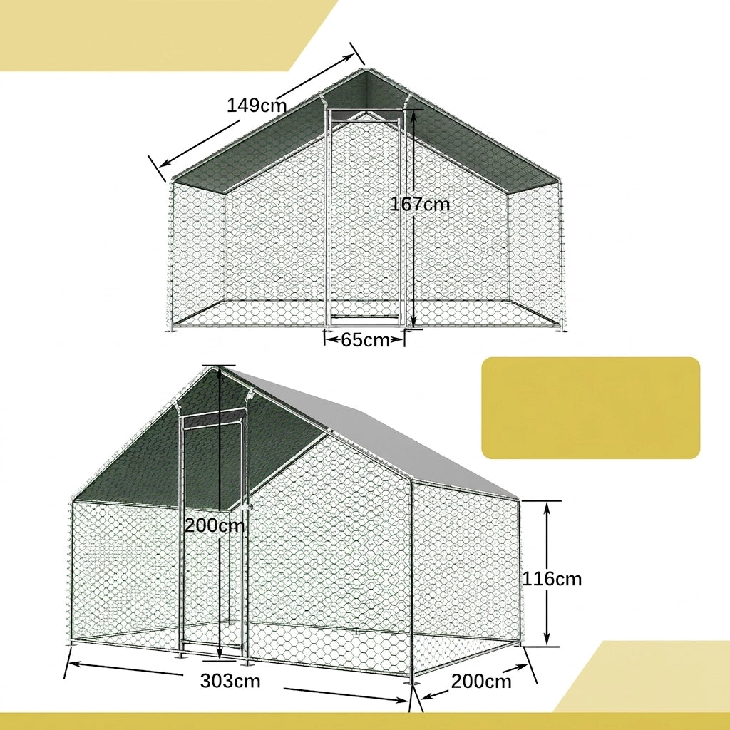 Pollaio in Metallo 3×2×2 m; Recinto per Galline da Esterno con Telo Impermeabile UV; Porta con Serratura e Rete Protettiva