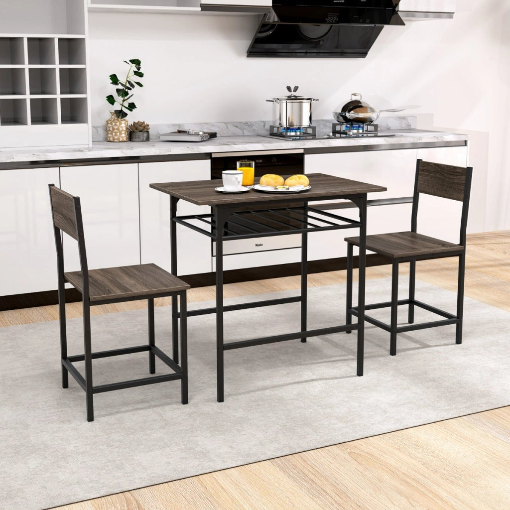 Set da 3 pezzi di tavolo e sedie con struttura in metallo e ripiano di stoccaggio, Set da pranzo per piccoli spazi Grigio-Tavoli e sedie da pranzo