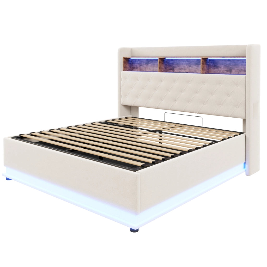Letti contenitori 180x200 cm; luci LED multicolore e USB; tessuto; beige