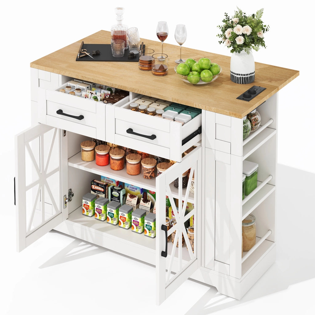 Carrello da Cucina con 2 Ante in Vetro; 1 Cassetto; 6 Ripiani Aperti; Prese e USB; Piano Pieghevole; MDF; 120 x 40 x 92 cm