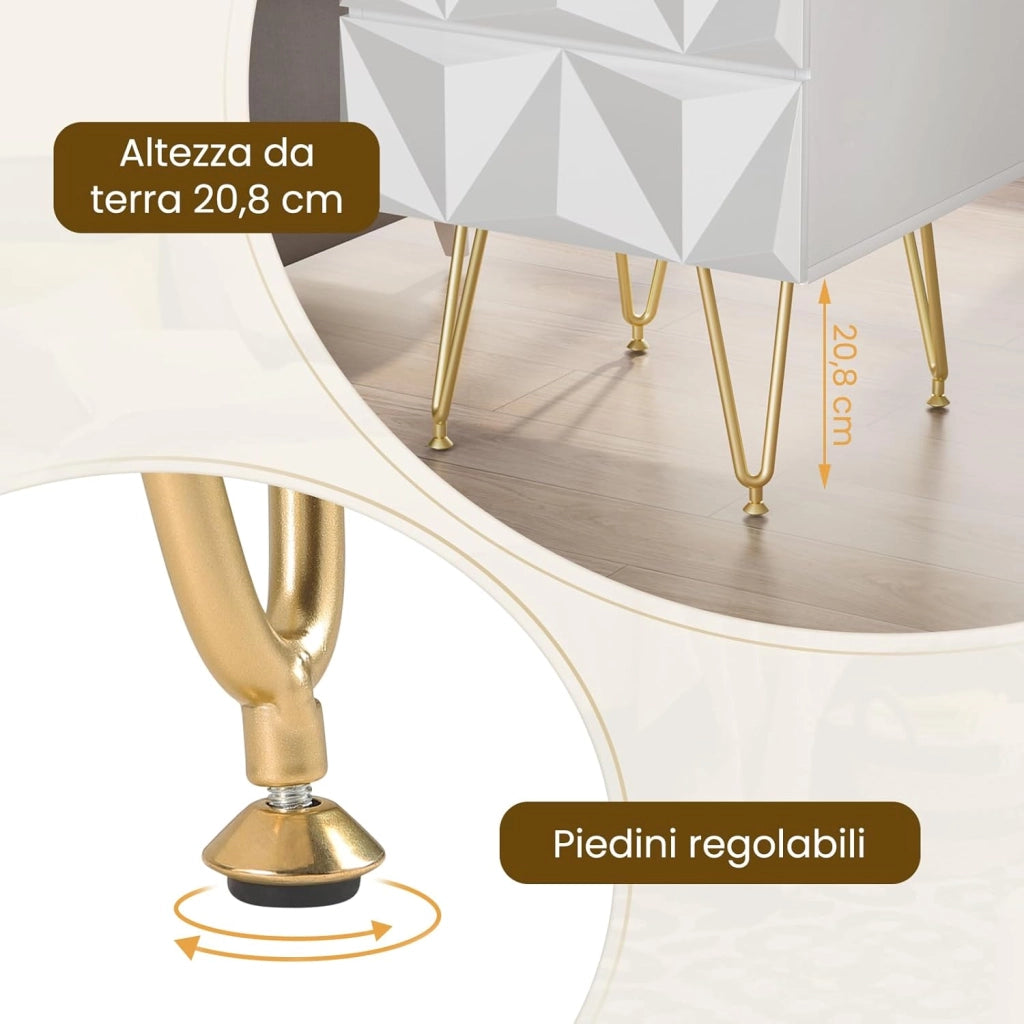 Comodino per Camera da Letto, Comodino Bianco con 2 Cassetti e Gambe Dorate, 40x40x53cm, Tavolino da Salotto, Divano, Cameretta, Frontale in Rilievo, in Legno e Metallo, 0001CTG
