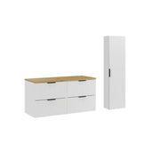 Set bagno NOXERA 120 cm – Mobili sottolavabo sospesi bianco alpino con piano per lavabo in rovere e colonna murale