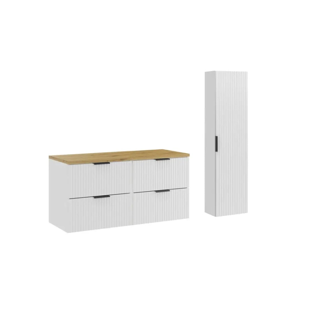 Set bagno NOXERA 120 cm – Mobili sottolavabo sospesi bianco alpino con piano per lavabo in rovere e colonna murale
