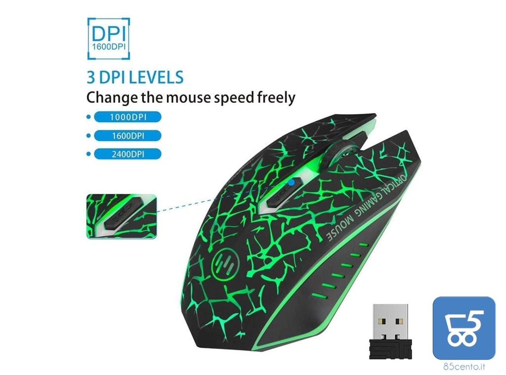 Uiosmuph TENMOS K6 Mouse Gaming Wireless Ricaricabile, 2,4G USB LED Mouse Senza Fili Ottico, Sleep Automatico, Impugnatura Ergonomica, DPI Regolabili, 6 Pulsanti per PC/Notebook