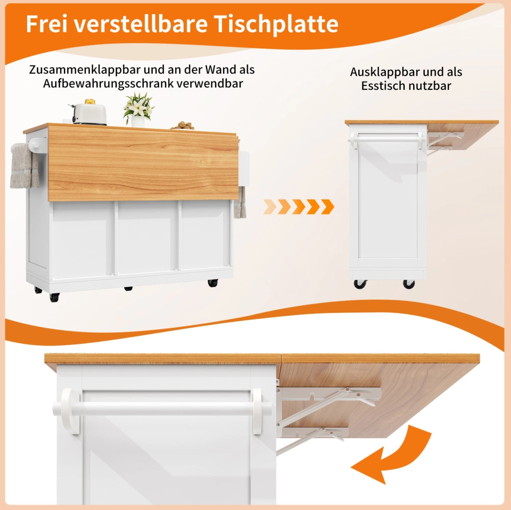 Isola cucina pieghevole con ruote, piano MDF e contenitore