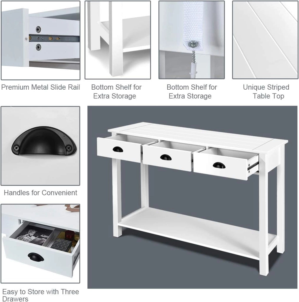 - Tavolo consolle con 3 cassetti, tavolino da salotto con mensola, rettangolare, per soggiorno, ufficio, camera da letto, corridoio, uso multifunzionale, per ingresso (bianco)