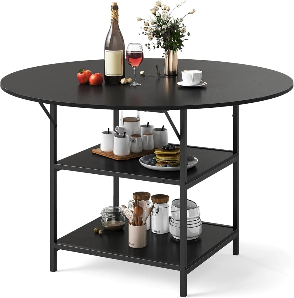 Tavolo da Pranzo Rotondo 120 cm per 4-6 Persone, Tavolo da Cucina Rustico con Ripiano Aperto a 2 Livelli e Struttura in Metallo, Tavolino in Legno per Sala da Pranzo (Marrone)