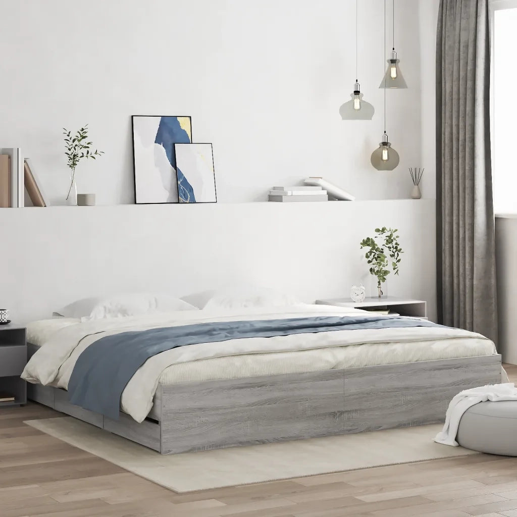 Letto matrimoniale | Letto per adulti | Giroletto Cassetti Grigio Sonoma 200x200 cm Legno Multistrato