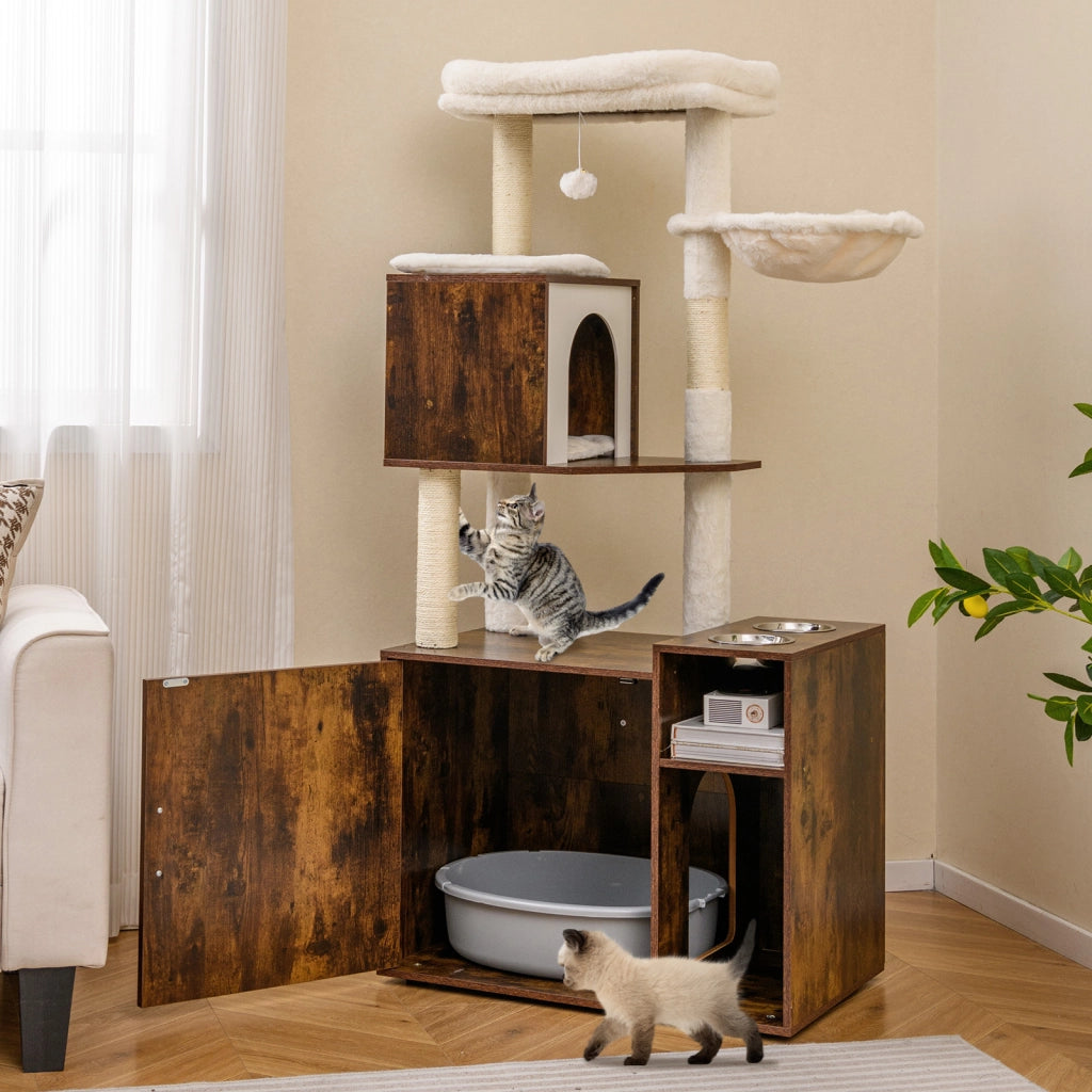 Mobiletto per lettiera per gatti-Torre d¡¯arrampicata con posto graffio in sisal e tappetino Marrone