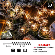 Trade Shop - Catena Luminosa Fiocchi Neve 20led A Batteria Luce Calda Cavo Traparente Xc-8475 -