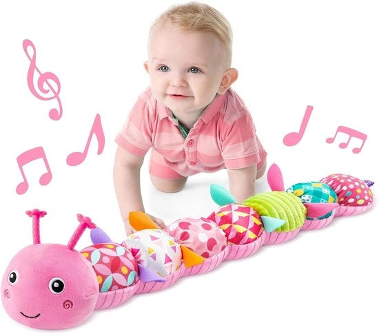 Bambino rinculo, giocattolo musicale con pieghe e scuotitori, giocattolo sensoriale morbido con testura, adatto per il ventre per neonati di 0, 3, 6 e 12 mesi (rosa).