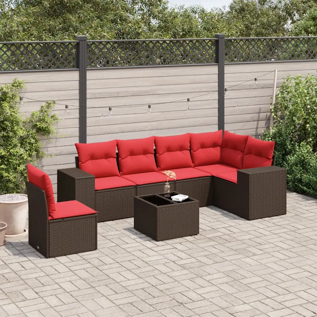 Set Divani da Giardino 7 pz con Cuscini Marrone in Polyrattan 3222643