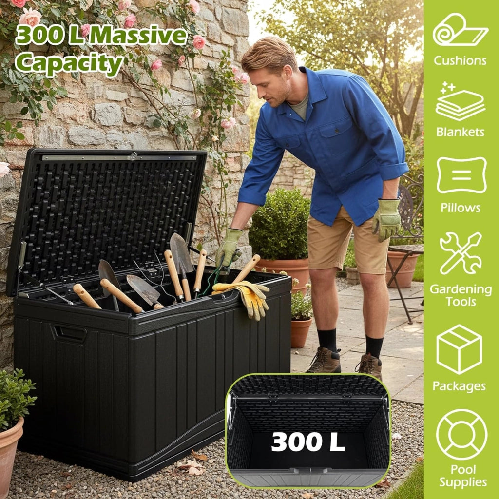 Scatola da giardino da 300 l, impermeabile con coperchio, contenitore per cuscini in plastica, contenitore XXL per cuscini, attrezzi da giardino e giocattoli per bambini (nero)