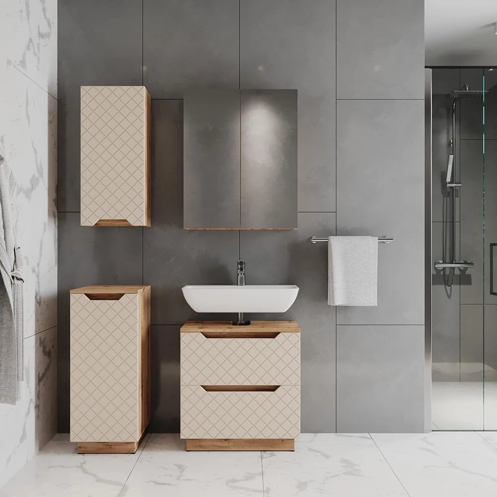 Set di mobili da bagno Lotta, Rovere/cashmere con struttura in piastrelle, 4 parti