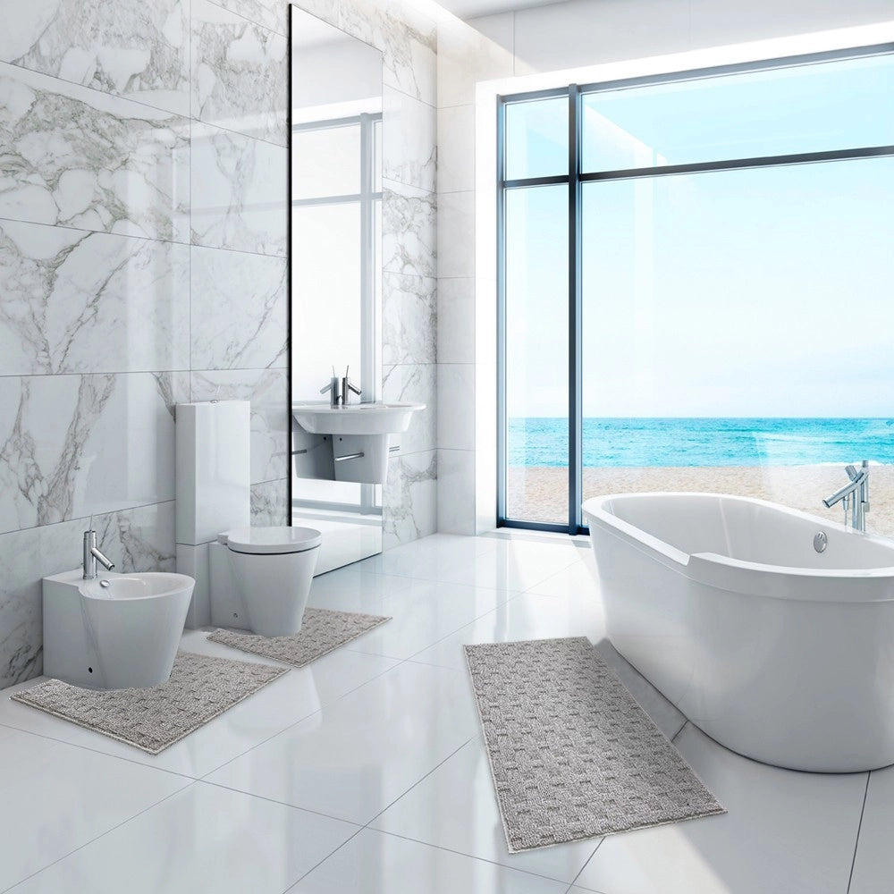 Tappeto Bagno Morbido Assorbente Antiscivolo 3D Intrecciato Lavabile Set 3 Pezzi Grigio