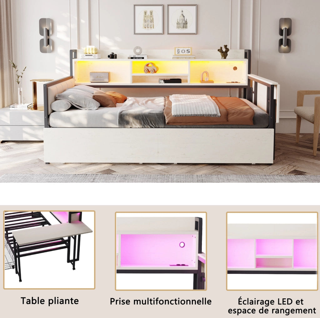 Letto multifunzione singolo 90x200 cm in metallo con LED; scrivania e cassetti; bianco