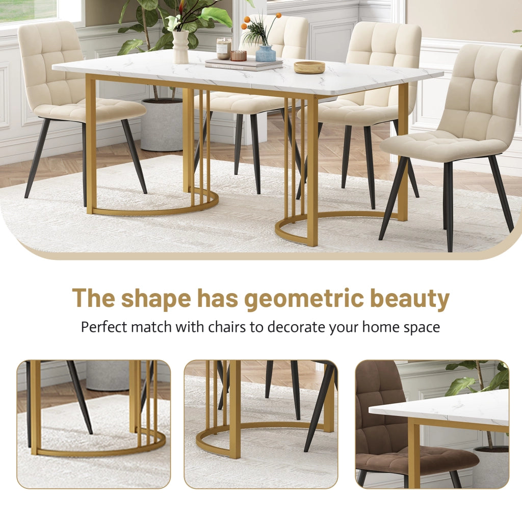 Tavolo da pranzo per 6 persone con 6 sedie, stile moderno, in MDF, metallo e velluto, beige e oro, 140 × 80 × 75 cm