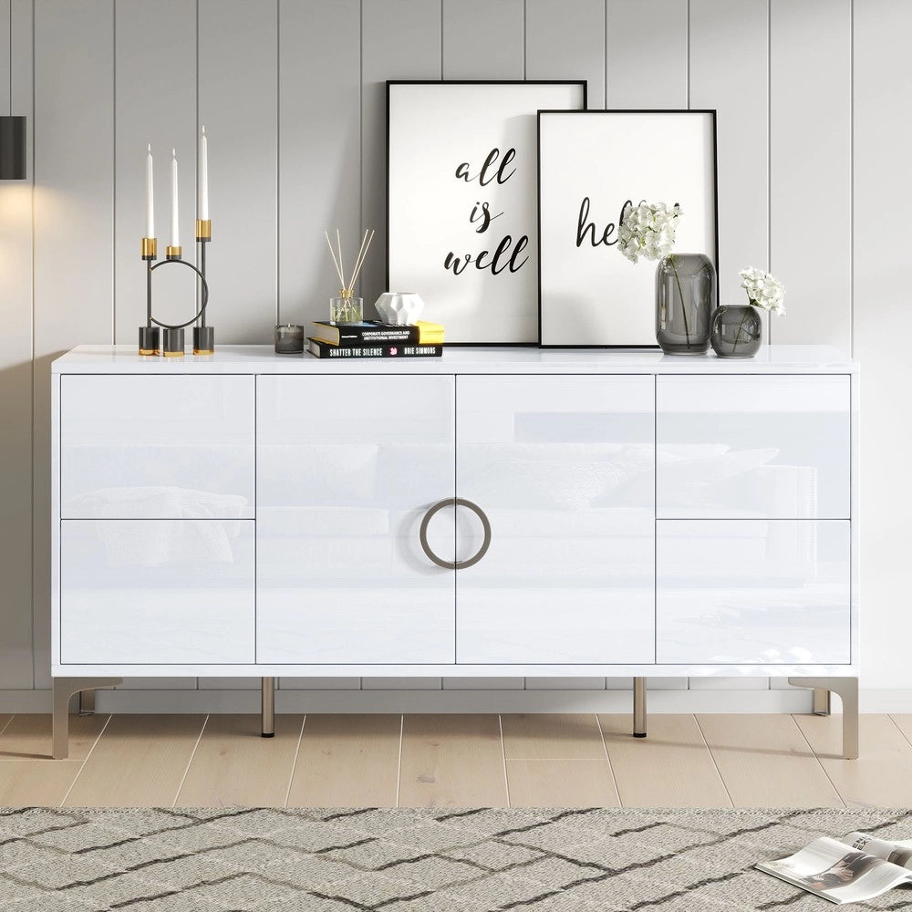 Credenza con 4 Cassetti e 2 Ante ¨C MINIMAL ¨C Bianco Lucido MDF 150x38x59.5