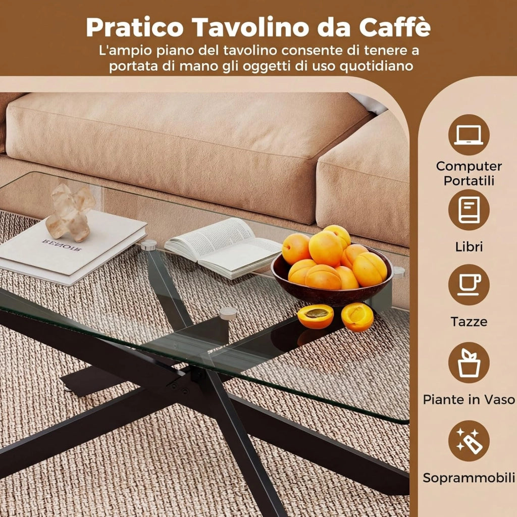 Tavolo da Caffè, Tavolino Salotto in Vetro Temperato con Gambe Incrociate in Metallo Placcato e Piedini Regolabili Antiscivolo, per Soggiorno e Ingresso, 120 x 60 x 45,5 cm (Nero)